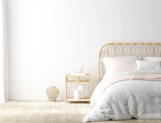 прибрежный бохо стиль спальня интерьер фон, настенный макет - bedroom wall pink bed стоковые фото и изображения