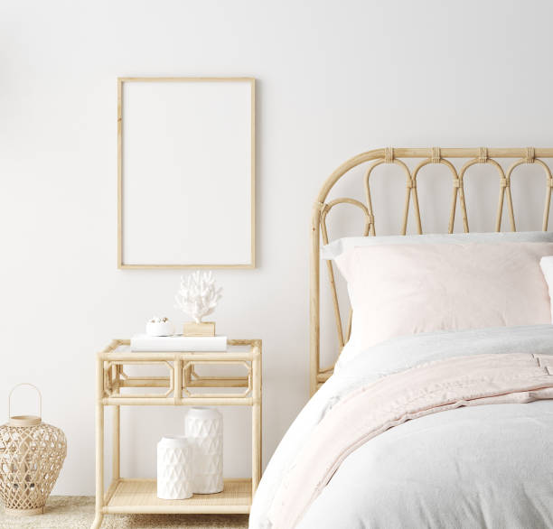 istock Mockup frame in bedroom interior background, Coastal boho style 1299271901
