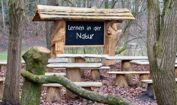 A classroom in the forest. The German text \