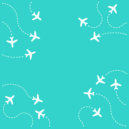 Flying airplane destinations vector background.