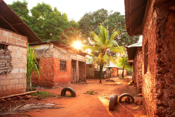 coucher du soleil scénique au-dessus du village africain avec le palmier. rue pleine de lumière, sol rouge vibrant et couleur rouge des bâtiments. huttes le long de la rue. architecture traditionnelle, campagne tanzanienne. - developing countries photos et images de collection