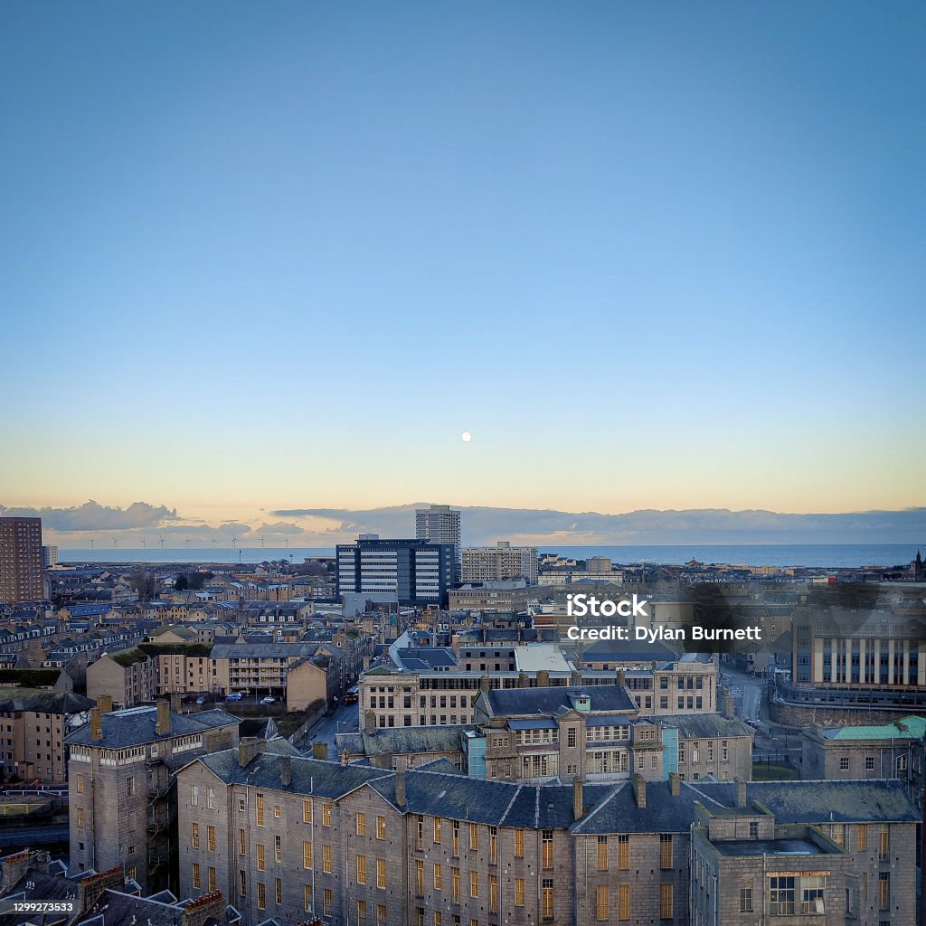 Aberdeen From Above Taken just before sunset looking over Aberdeen and out towards the North Sea Aberdeen - Scotland Stock Photo