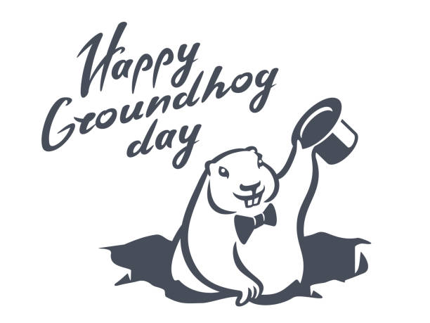 ilustraciones, imágenes clip art, dibujos animados e iconos de stock de marmot sombrero agujero molida marmota día vector ilustración - groundhog day