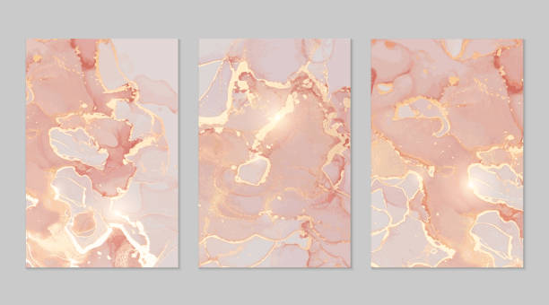 Luxury pink, peach and gold marble abstract background set Luxury pink, peach and gold marble abstract background set. Alcohol ink technique vector stone textures. Creative paint with glitter. Backdrop for banner, poster, invitation design bronze glitter stock illustrations