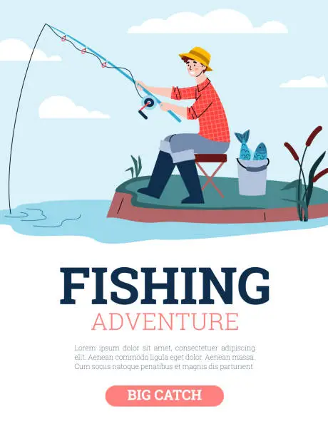 Vector illustration of Fisherman catch fish holds fishing rod in water and waits for bite.