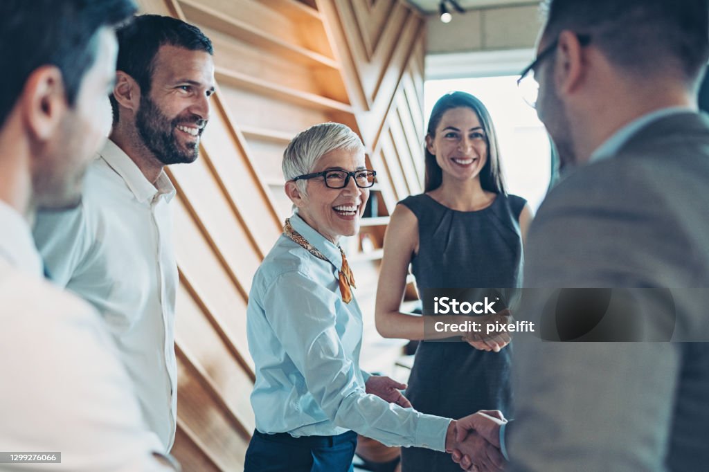 Sealing the deal with a handshake Group of business persons handshake in the office Business Stock Photo