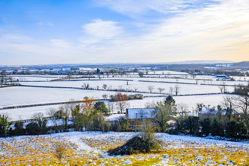 Hanbury Worcestershire Landscape snow ice frost freezing cold winter  farmland agriculture fields view looking down