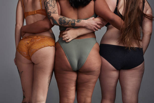Yip, every BODY is beautiful Shot of three young women posing in their underwear against a grey background cellulite stock pictures, royalty-free photos & images
