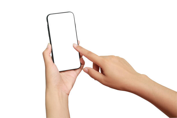 istock Hand holding black smartphone on white screen , isolated white background 1299282855