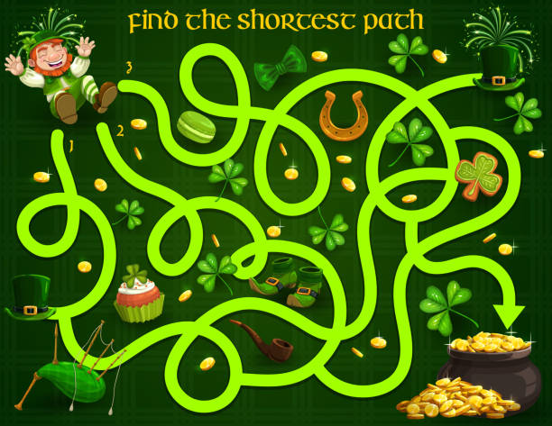 ilustraciones, imágenes clip art, dibujos animados e iconos de stock de juegos de laberinto de los niños con personajes del día de san patricio - st patricks day irish culture child leprechaun