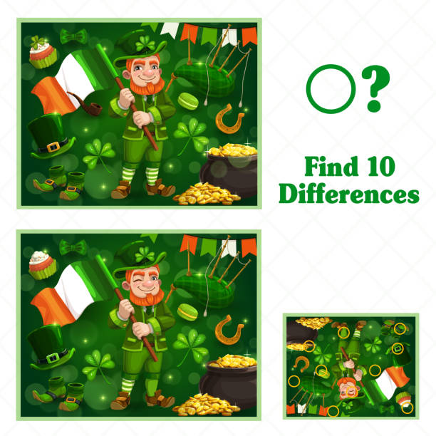 ilustraciones, imágenes clip art, dibujos animados e iconos de stock de juegos para niños encuentran diez diferencias para el día de san patricio - st patricks day irish culture child leprechaun