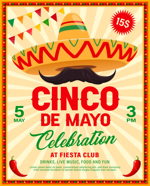 Cinco de Mayo sombrero of Mexican fiesta party Cinco de Mayo sombrero vector flyer of Mexican fiesta party. Mariachi musician sombrero hat and mustache with red chilli peppers or jalapeno in frame of ethnic ornaments and festive flags garland chili pepper pattern stock illustrations