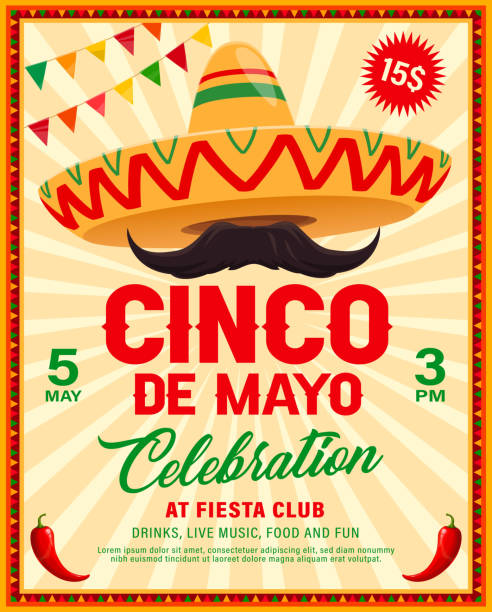 Cinco de Mayo sombrero of Mexican fiesta party Cinco de Mayo sombrero vector flyer of Mexican fiesta party. Mariachi musician sombrero hat and mustache with red chilli peppers or jalapeno in frame of ethnic ornaments and festive flags garland chili pepper border stock illustrations