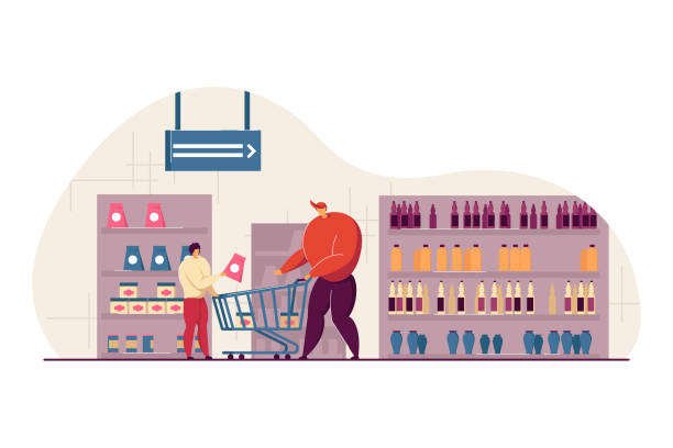 Happy dad and son buying food in supermarket Happy dad and son buying food in supermarket flat vector illustration. Cartoon young father wheeling shop trolley in grocery store. Consumerism and shopping concept supermarket family retail cable car stock illustrations