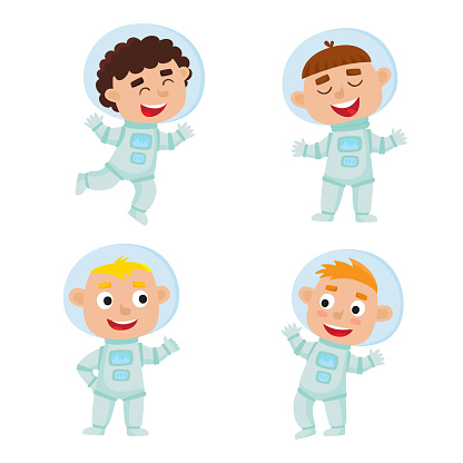 Set ofastronaut kids isolated on white background. Cartoon pretty boys wearing astronaut costume. Vector illustration used for child books, stickers, posters, web pages.