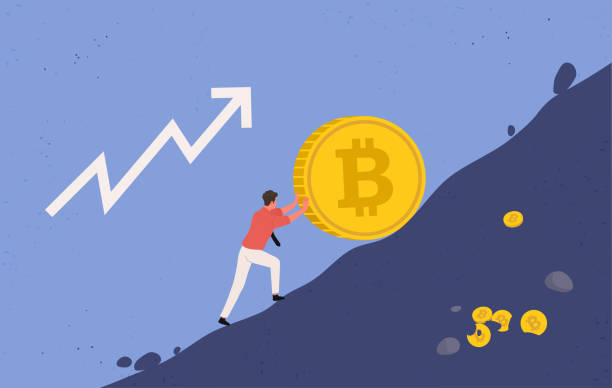 istock Bitcoin upward growth. Miner lifts up a big bitcoin coin uphill, upward trend concept. Crypto currency. Vector illustration. 1299286965