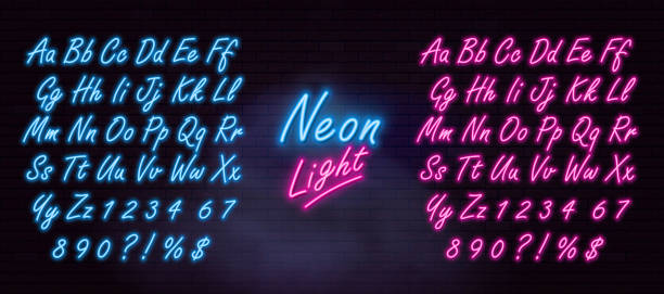 realistische neon alphabet auf dunklen ziegelwand und rauch hintergrund. vektor-illustration. - neon stock-grafiken, -clipart, -cartoons und -symbole