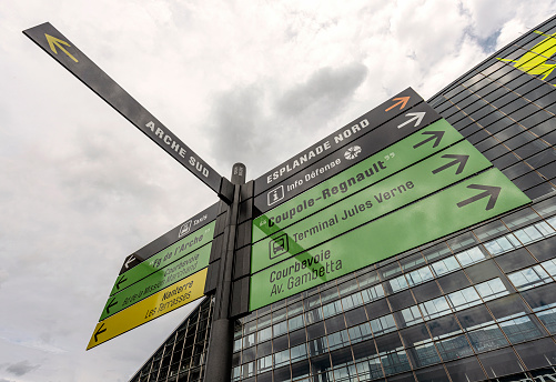 Paris, France - May 23, 2014: Names of some districts at La Defense on a signpost in Paris, France.