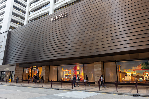 Customers queuing at the Hermès Flagship Store in Canton Road, Tsim Sha Tsui, Hong Kong.