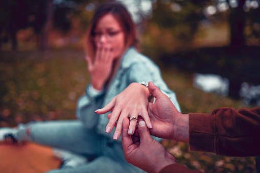 Couple Showing New Engagement Ring During Park Proposal