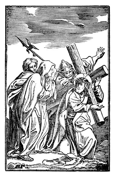 4th or fourth Station of the Cross or Way of the Cross or Via Crucis. Jesus meets his mother Mary.Bible,New Testament. Antique vintage biblical religious engraving or drawing.