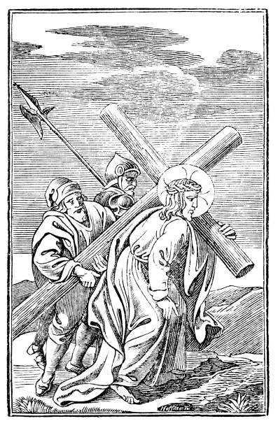 5th or fifth Station of the Cross or Way of the Cross or Via Crucis. Simon of Cyrene helps Jesus carry the cross.Bible,New Testament. Antique vintage biblical religious engraving or drawing.