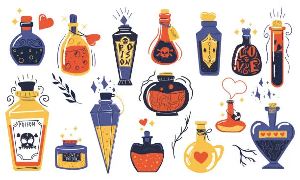 Vector illustration of Magic potions. Alchemist cartoon bottles with love potion and magical elixir, witch and wizard magic vials. Witchcraft tools and mystical symbols collection vector doodle isolated set