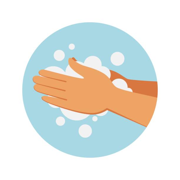 istock Soap hand wash. Cleaning process. Icon with cartoon soapy arms. Human limbs and cleanser foam. Sanitary and hygiene safety. Isolated information sign for toilet, vector flat poster 1299293949