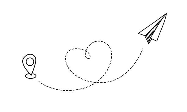 lot samolotem. latający papierowy samolot ze śladem w kształcie serca i oznaczeniem lokalizacji. miłość symbol trasy podróży. trasa podróży samolotem. system nawigacji online. śledzenie ruchu wektorowego - simplicity paper airplane airplane journey stock illustrations