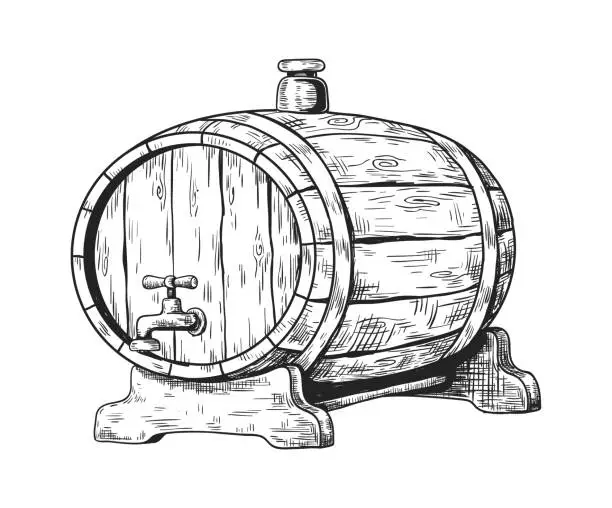 Vector illustration of Hand drawn wooden keg with beer. Round cask with faucet and plug. Liquid storage for pub and brewery or winery. Traditional container from oak. Retro sketch, vector detailed illustration