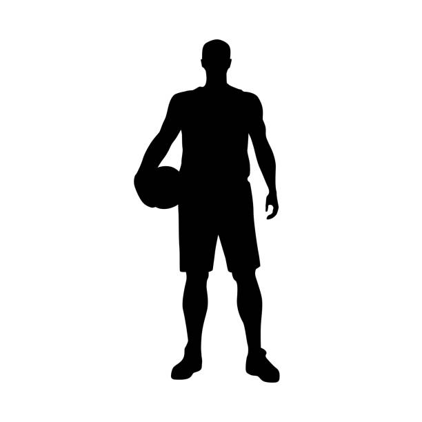 ilustraciones, imágenes clip art, dibujos animados e iconos de stock de jugador de baloncesto de pie y sosteniendo pelota, silueta vectorial - soccer vector silhouette professional sport