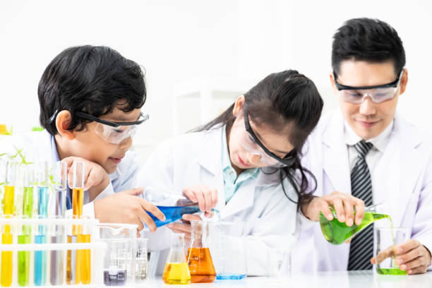 istock Young Asian kids wearing white scientist gown and do chemical test tube while study, learning in science classroom with teacher. Young children education concept by experiment, fun and enjoy classroom 1299295965