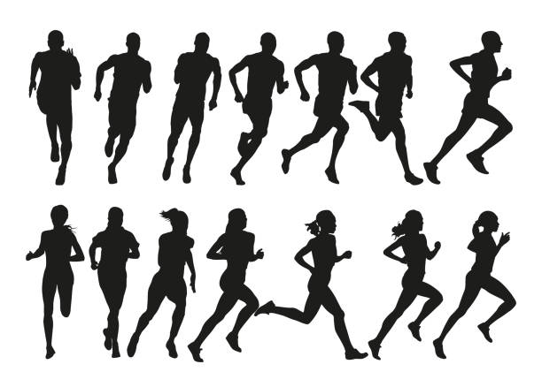 gruppe von laufenden personen, satz isolierter vektor-silhouetten, seitenansicht - running jogging women marathon stock-grafiken, -clipart, -cartoons und -symbole