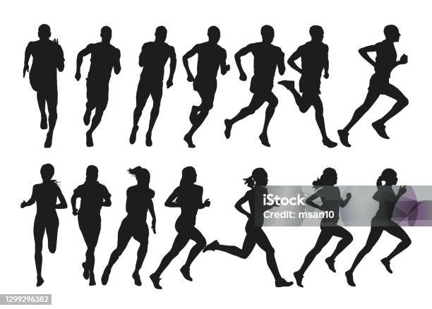 러닝 피플 그룹 격리된 벡터 실루엣 세트 측면 보기 달리기에 대한 스톡 벡터 아트 및 기타 이미지 - 달리기, 실루엣, 벡터
