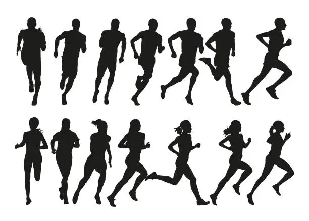 Vector illustration of Group of running people, set of isolated vector silhouettes, side view