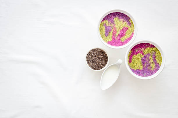 Colorful chia pudding in bowles for breakfast. Acai smoothies bowles
