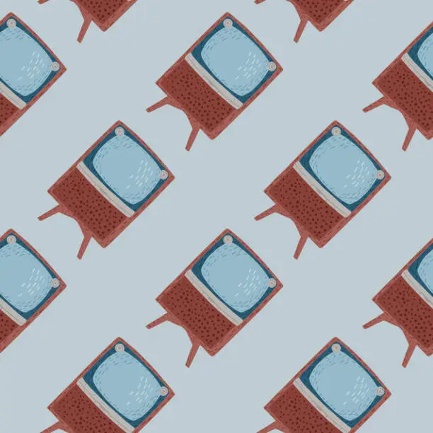 Vector illustration of Simple doodle seamless pattern with brown vintage television print. Blue background.