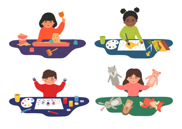 ilustrações, clipart, desenhos animados e ícones de crianças sensoriais, habilidades motoras, criatividade e desenvolvimento da imaginação - preschool child craft preschooler