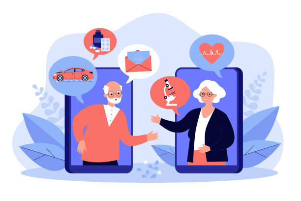 Old couple chatting online, discussing news and health Old couple chatting online, discussing news and health. Elder aged man and woman talking through video call. Vector illustration for distance communication, family relationship concept old ladies gossiping stock illustrations