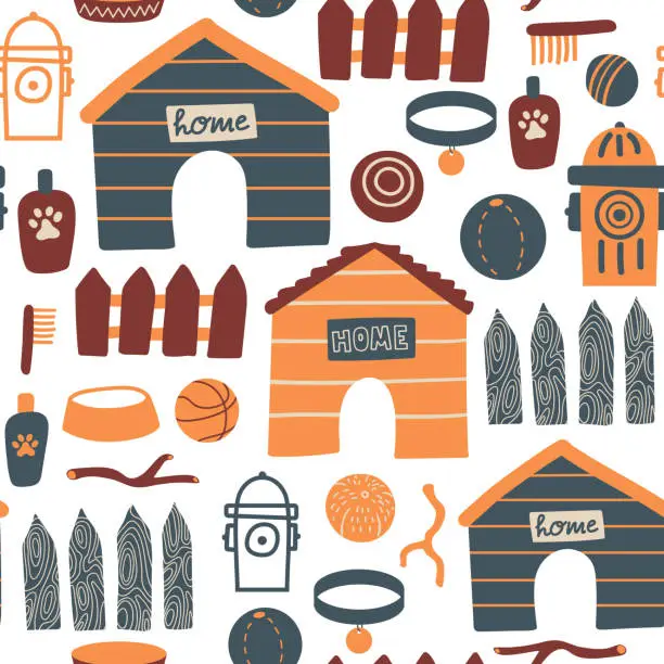 Vector illustration of Vector seamless pattern with fire hydrant, balls, dog collar, fence, branch, doghouse, shampoo and bowl on white background. Cute dog stuff illustration for fabric, textile, background, wallpaper