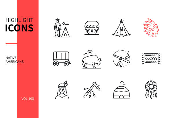 rdzenni amerykanie - zestaw ikon stylu nowoczesnego stylu linii - ox wóz stock illustrations