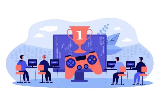 Vector illustration of Online gamers playing at pc