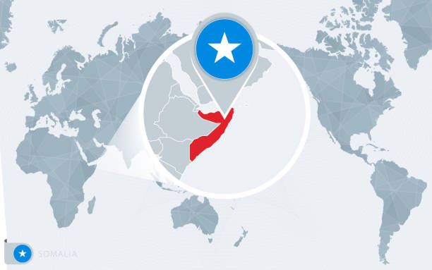 pacific centered world karte mit vergrößerten somalia. flagge und karte von somalia. - mogadischu stock-grafiken, -clipart, -cartoons und -symbole