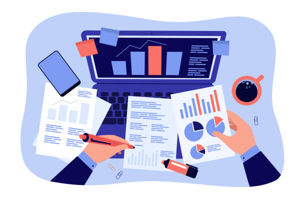 Top of office workplace and hands of accountant Top of office workplace, hands of accountant analyzing and studying financial reports on documents, laptop screen. Vector illustration for accounting, audit, stock market trading, technology concept accountant stock illustrations