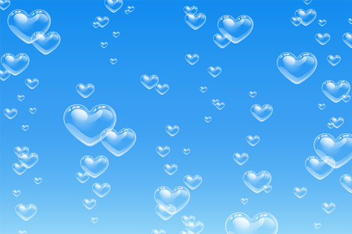 Heart shaped bubbles underwater texture on blue background. Fizzy air bubbles in water, sea, aquarium, ocean, drink