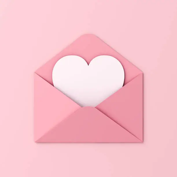Photo of Sweet blank heart card in pink envelope isolated on pink pastel color wall background with shadow love letter minimal conceptual