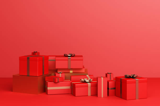 istock Red a lot of gift box on a red background. 3d Rendering 1299305893