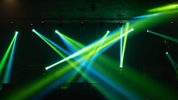 istock Empty stage concert with colorful lighting laser beam spotlight show in disco pub club bar background for party music dancing festival performance. Entertainment nightlife. Celebration event. 1299306232