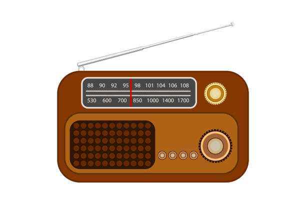 Old radio with antenna isolated on white background. Vintage portable radio receiver. World Amateur Radio Day. Technology for information broadcasting. FM recorder. Retro gadget. Stock vector illustration analogue radio stock illustrations