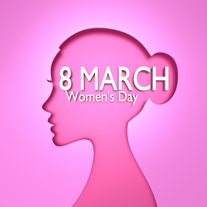 8 March International Women's Day celebration greeting card on pink background with woman silhouette. 8th March Women's Day text. Easy to crop for all your social media and print sizes.